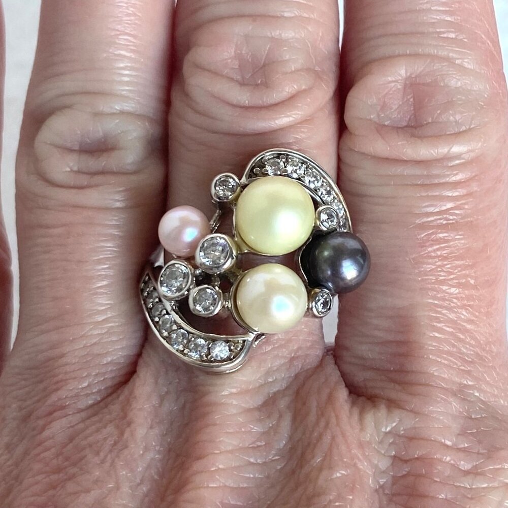 Joseph Esposito Sterling Silver 925 Pearl & Cubic Zirconia Cocktail Ring Sz 7